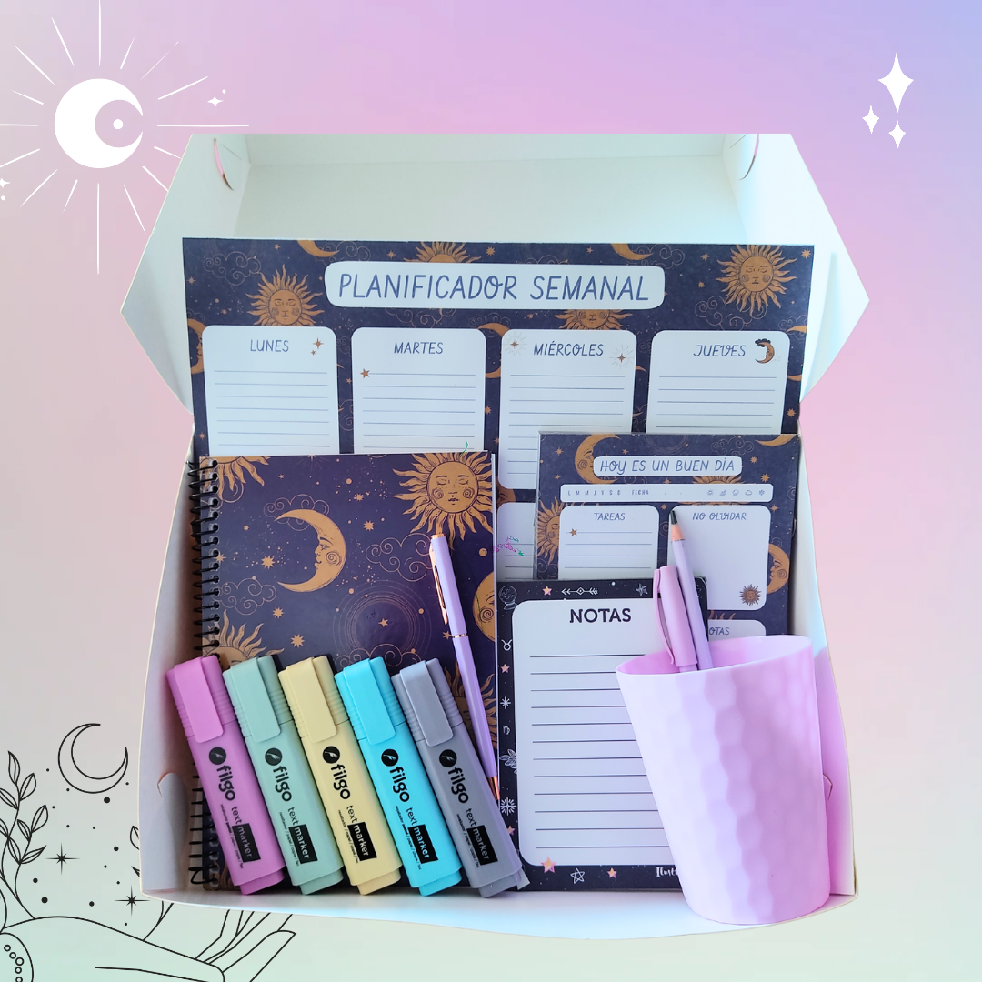 Combo Mystic de Two Papelería con planificador diario, planificador semanal, set de resaltadores Filgo Mute, block de notas y cuaderno exclusivo Planificador diario Mystic con diseño elegante y funcional