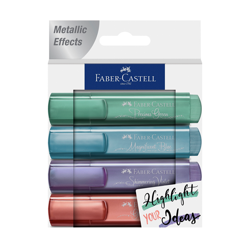 Resaltadores Metalizados Faber Castell - Violeta Cobrizo Celeste Verde