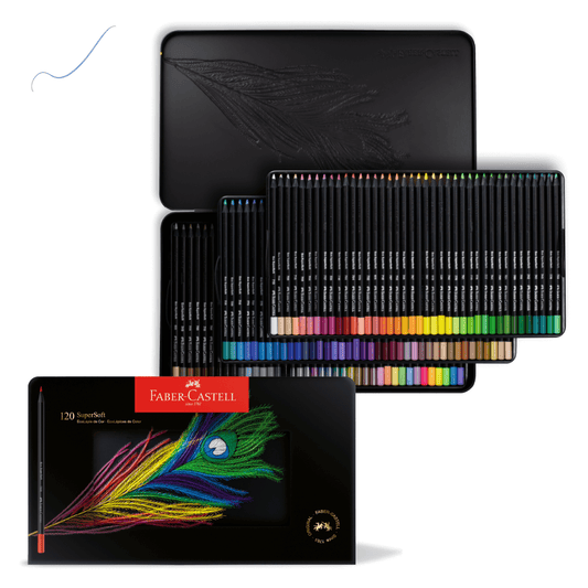 Estuche metálico abierto con 120 lápices de colores Faber-Castell Supersoft, organizados por tonos.