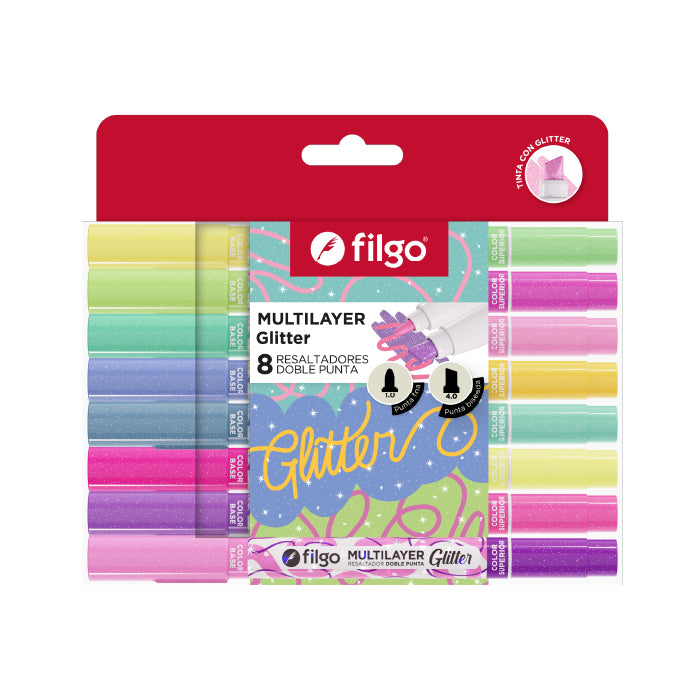 Destacador Multilayer Glitter Doble Punta x8 Filgo
