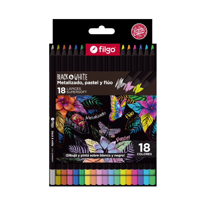 Lápices Black&White Supersoft Metal+Pastel+Fluo x18 Filgo