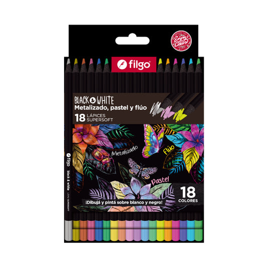 Lápices Black&White Supersoft Metal+Pastel+Fluo x18 Filgo