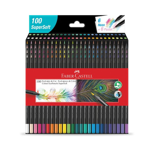 Set de 100 lápices de colores Faber-Castell Supersoft organizados en caja.