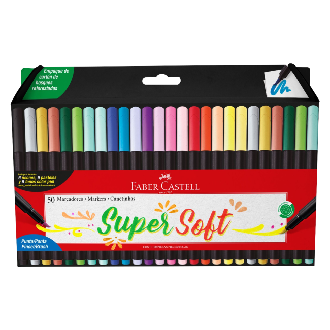Set de 50 marcadores Faber-Castell Supersoft con punta pincel flexible y colores vibrantes.