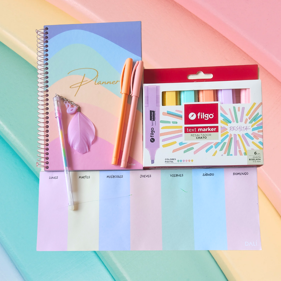Set de papelería completo con diseño colorido: planners, resaltadores y accesorios Planner tipo agenda con diseño colorido y compacto Lapicera de diseño con cuerpo elegante y color vibrante